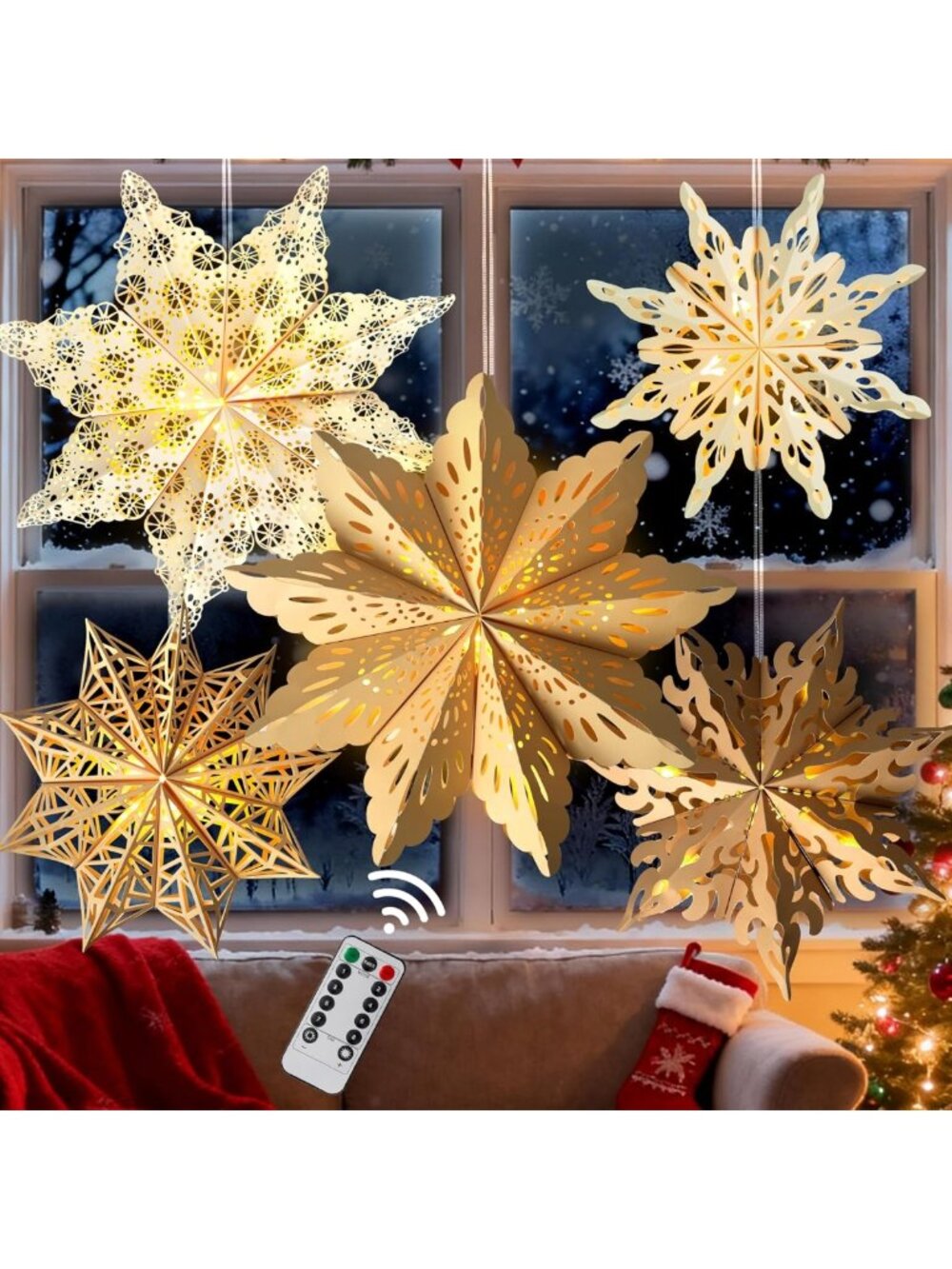 5Pcs LED Snowflake Lanterns - Large Paper Star Lights for Christmas & Winter
